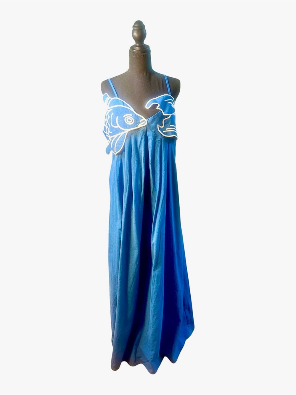 Commense Embroidered Fish Semi-Sheer Cami Dress Blue Maxi Dress